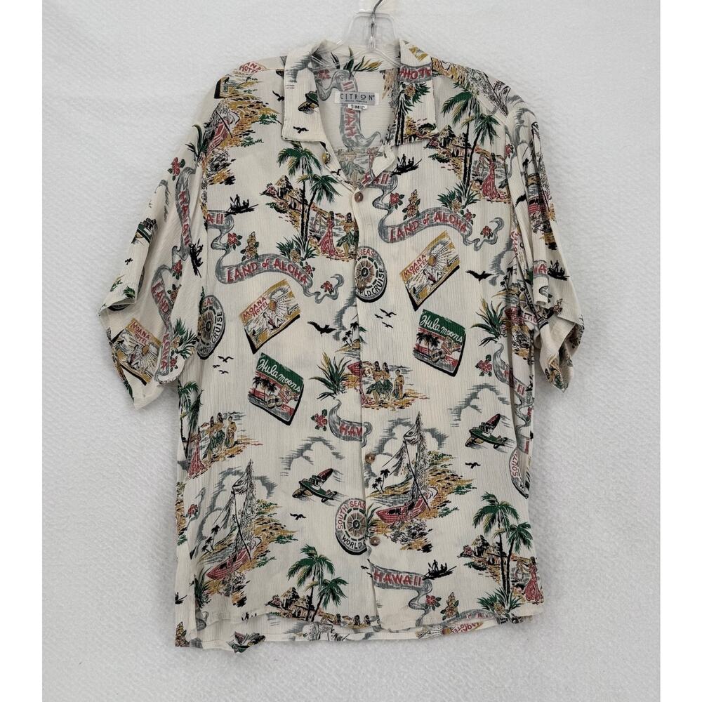 Citron Santa Monica Mens Land of Aloha Crinkle Button Hawaiian Shirt Sz M